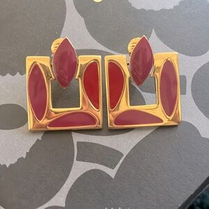 Monet art deco red enamel clip on earrings